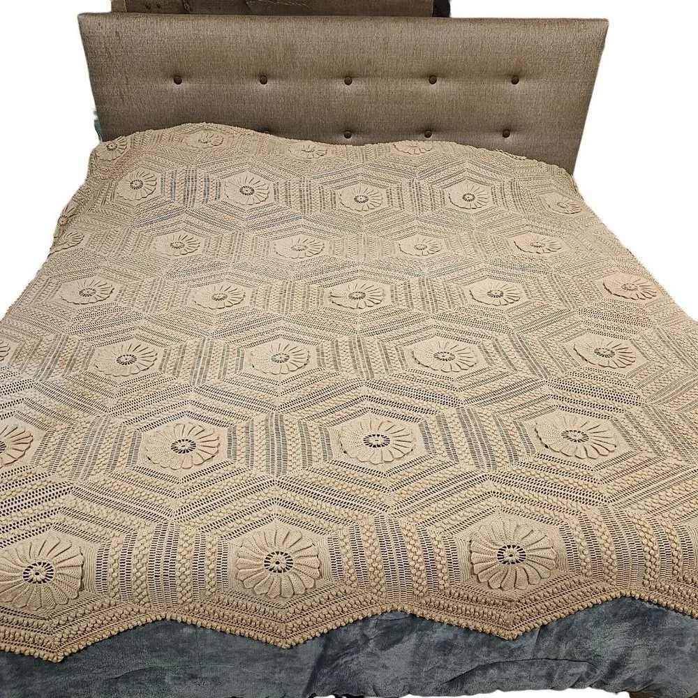 Vintage Cream 3d‎ Popcorn Sunflower Crochet Afghan Blanket King 96x104 He…